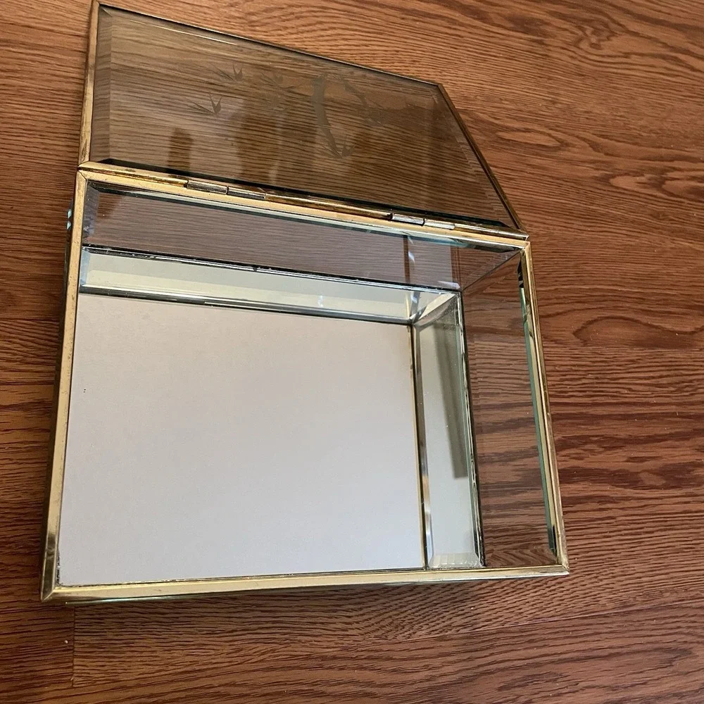 1980s Vintage Etched Bamboo Glass & Brass Jewelry Casket Box 8